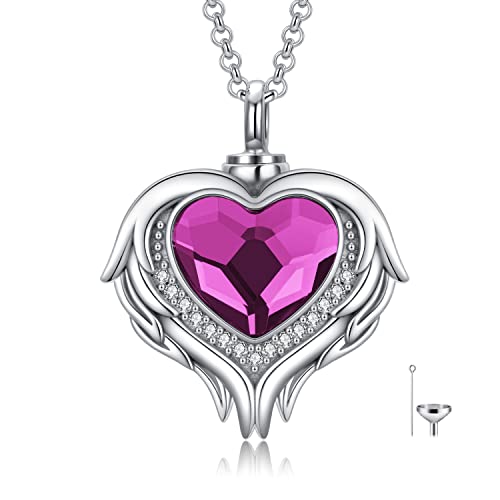AOBOCO 925 Sterling Silver Angel Wing Heart Cremation Urn Necklace Holds Loved Ones Ashes, Memorial Keepsake Cremation Jewelry Necklace for Women - color: Silver with Purple Heart