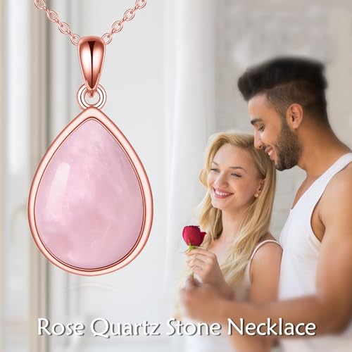 CRMAD Larimar/Opal/Lapis Lazuli/Tourmaline/Malachite/Labradorite/Turquoise/Onyx/Rose Quartz/Amber/Peridot Necklace for Women 925 Sterling Silver Teardrop Pendant Jewelry Gifts - color: Rose Quartz-Rose Gold