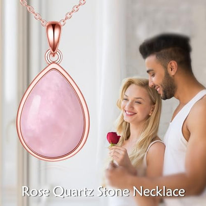CRMAD Larimar/Opal/Lapis Lazuli/Tourmaline/Malachite/Labradorite/Turquoise/Onyx/Rose Quartz/Amber/Peridot Necklace for Women 925 Sterling Silver Teardrop Pendant Jewelry Gifts - color: Rose Quartz-Rose Gold