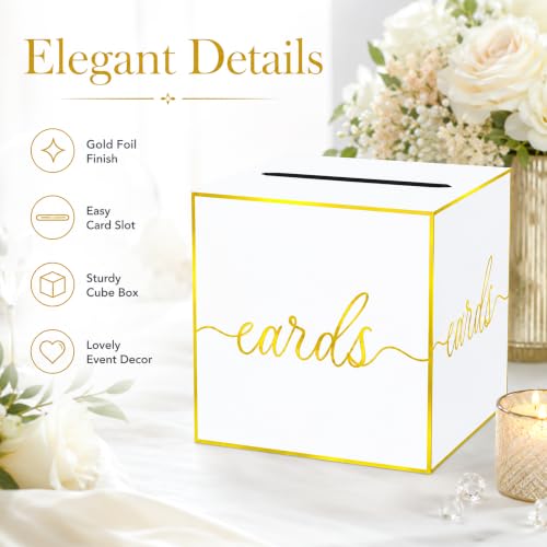 White and Gold Foil Card Box for Wedding, Bridal Shower and Anniversary | Collect Cards and Envelopes in One Place with an 8.7 Inch Cube, Wide Top Slot and Elegant White Gold Foil Design - color: White Gold