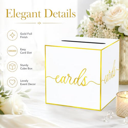 White and Gold Foil Card Box for Wedding, Bridal Shower and Anniversary | Collect Cards and Envelopes in One Place with an 8.7 Inch Cube, Wide Top Slot and Elegant White Gold Foil Design - color: White Gold