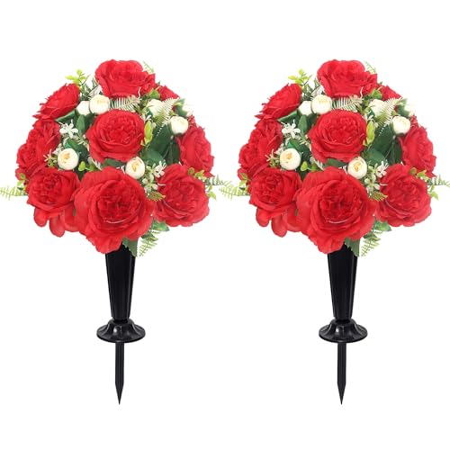Wocst 2Sets Grave Decorations for Cemetery Memorial Flowers with Vases for Grave Decor Weatherproof,NO-Fading - color: Red