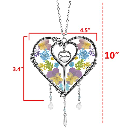 LARAINE Heart Suncatcher with Pressed Flower Wings Mom Mother's Day Love Glass Wind Chime Ornament Charm with Metal Heart Gifts for Mom Grandma Aunt Birthday (Grandma, Blue) - size: Grandma