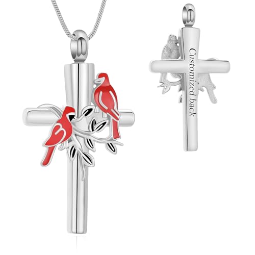 Cremation Jewelry Cardinal Cross Urn Necklace for Ashes Stainless Steel Memorial Keepsake for Human/Pet Ashes, Sympathy Gift for Loss of Loved One - style: Customize