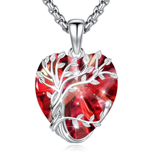 Eusense Tree of Life Necklace for Women Men Sterling Silver 925 Tree Urn Locket Cremation Jewelry Family Tree Pendant Gifts for Her Him Mom Dad Grandma Daughter - style: E-G-Tree of Life Necklace 01-Garnet