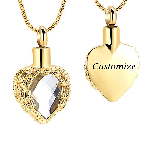 memorial jewelry Gold Angel Wings Glass Heart Urn Pet/Human Cremation Pendant Necklace Jewelry for Ashes - color: Customize