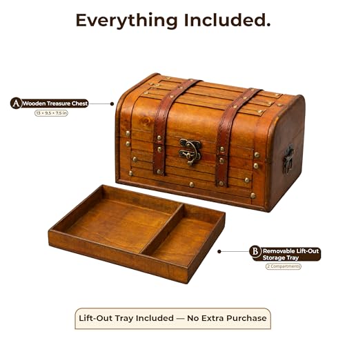 Wooden Treasure Chest with Removable Tray, Pirate Box, Medium 10.5x7x6 in - size: Medium