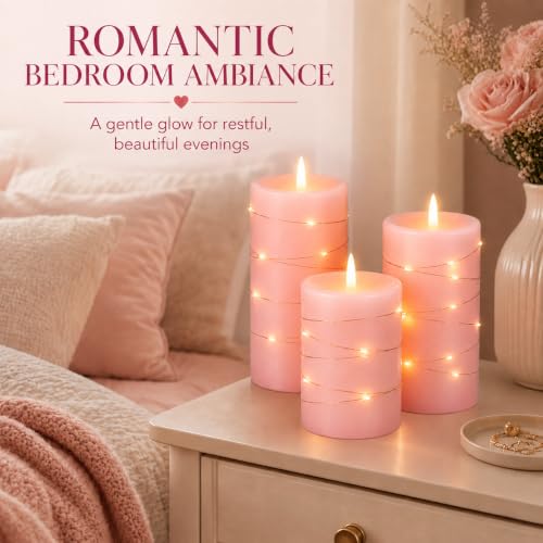 Upinmz Flickering Flameless Candles with Embedded String Lights, Battery Operated Candles with Remote Control and Timer,LED Candles for Home Decoration,Real Wax, 3 Pack Pink - size: Pink-Wax-3 Pack