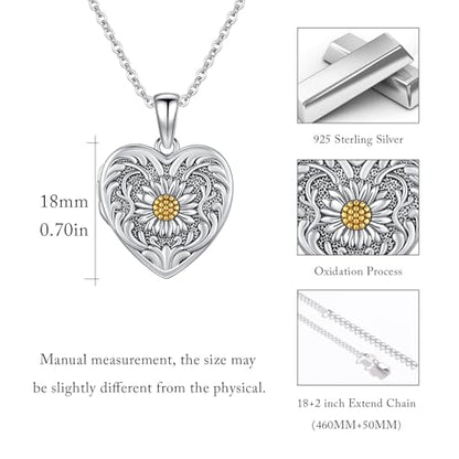 MEDWISE 925 Sterling Silver Locket Necklace That Holds Pictures Photo Necklace Oxidized Rose Flower/Sunflower/Compass/Celtic Heart Pendnat Lockets Gifts for Women Birthday Christmas Gifts - style: H-Custom Daisy