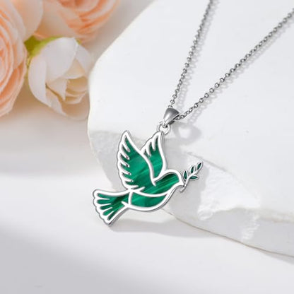 Dove/Hummingbird/Red Cardinal/Dragonfly/Butterfly Necklace 925 Sterling Silver Turquoise/Opal/MoonStone/Crystal/Malachite Bird Necklace Dove Pendant Jewelry for Women Men - color: Dove Malachite