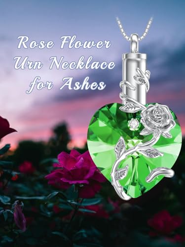 OCJ Heart Rose Flower Urn Necklace for Ashes Women Birthstone Cremation Necklaces Sterling Silver Memorial Cremation Jewelry Gifts - color: 05-May-Emerald