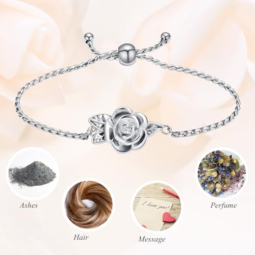 Minicremation Women's Adjustable Rose Urn Bracelet Ashes Holder Memorial Elegant Link Chain Keepsake Cremation Bangle to Hold Ashes - color: Silver-B