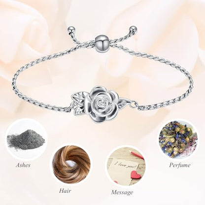 Minicremation Women's Adjustable Rose Urn Bracelet Ashes Holder Memorial Elegant Link Chain Keepsake Cremation Bangle to Hold Ashes - color: Silver-B