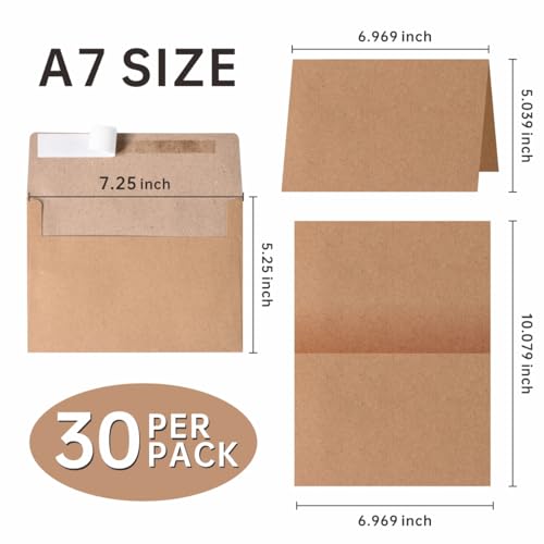 30 Sets A7 Cards & Envelopes 5x7, Kraft Blank Folded Cards Rustic Invites - color: Kraft, size: 30 Pack A7 (5.31x7.28in) Cards and Envelopes