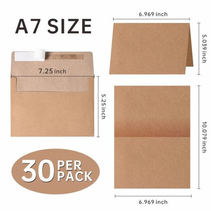30 Sets A7 Cards & Envelopes 5x7, Kraft Blank Folded Cards Rustic Invites - color: Kraft, size: 30 Pack A7 (5.31x7.28in) Cards and Envelopes