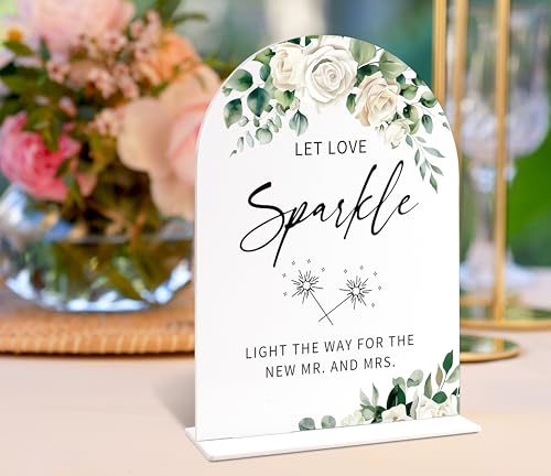 Acrylic Wedding Signs for Ceremony And Reception, White Rose Let Love Sparkle Sign, Bridal Shower Centerpieces for Tables with Base, Engagement, Anniversary and Wedding Essentials for Ceremony - color: White