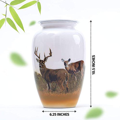 BOLD & DIVINE Hand Painted Deer Grazing Cremation Urn | Human Ashes Adult Memorial urn, Burial, Funeral Cremation Urns | 200 Cubic Inches (Large Adult Urn) with Unique Velvet Bag