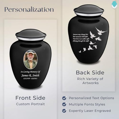 Geturns Embrace Adult Personalized Doves Cremation Urns for Human Ashes I Large Picture Black Funeral Urn for Adult Men and Women with Double Side Engraving I 200 lbs - color: _Black (Double Sided)