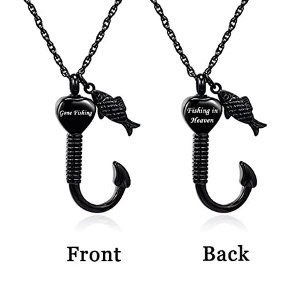 Fishing in Heaven Cremation Urn Necklace for Ashes & Fishing hook Memorial Pendant