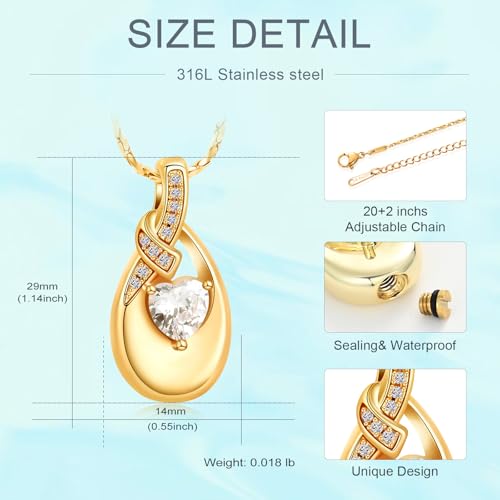 Teardrop Urn Necklace for Ashes Birthstone Heart Memorial Jewelry Stainless Steel Cremation Pendant for Women Men Keepsake Gift - color: Gold