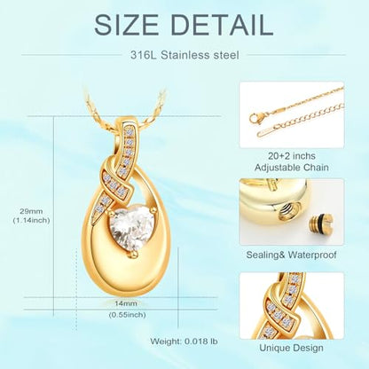 Teardrop Urn Necklace for Ashes Birthstone Heart Memorial Jewelry Stainless Steel Cremation Pendant for Women Men Keepsake Gift - color: Gold