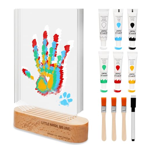 Family Handprint Kit - DIY Baby Hand and Footprint Keepsake - with Solid Wood Base, 5 Acrylic Plates & 6 Paints - Unique Keepsake For New Parents, Grandparents, Baby Shower & Pets