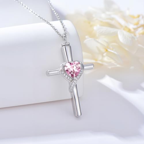 TOUPOP Cross Urn Necklaces for Ashes Birthstone Cremation Jewelry 925 Sterling Silver Cross Memorial Keepsake Funeral Jewelry for Women (with Funnel Filler) - color: 10-October-Pink Tourmaline