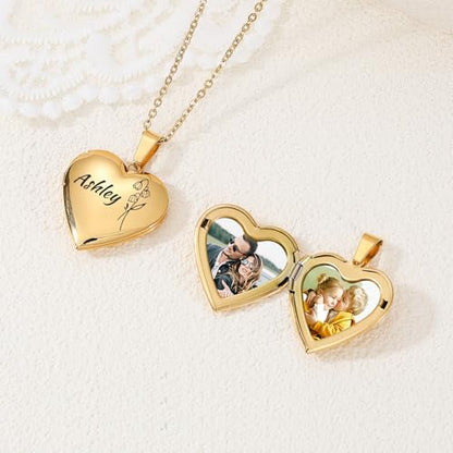 Personalized Heart Locket Necklace for Women with Picture Custom Inside Engraved Text Silver/Gold/Rose Gold Photo Locket Stainless Steel Memorial Gifts for Mom Daughter Grandmother - color: F2: Gold