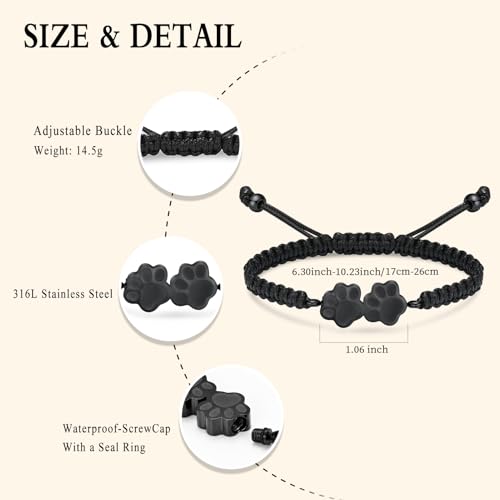 Oinsi Pet Cremation Bracelet for Ashes Dog Cat Paw Urn Pendant Bangle Adjustable Rope Memorial Urn Bracelet for Women Men Stainless Steel Keepsake -Black - color: D-Black