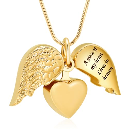 Cremation Jewelry Heart Urn Necklace for Human Ashes for Women Men A Piece of My Heart Lives in Heaven Memorial Ashes Keepsake Pendant - color: Gold