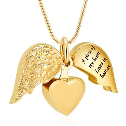 Cremation Jewelry Heart Urn Necklace for Human Ashes for Women Men A Piece of My Heart Lives in Heaven Memorial Ashes Keepsake Pendant - color: Gold