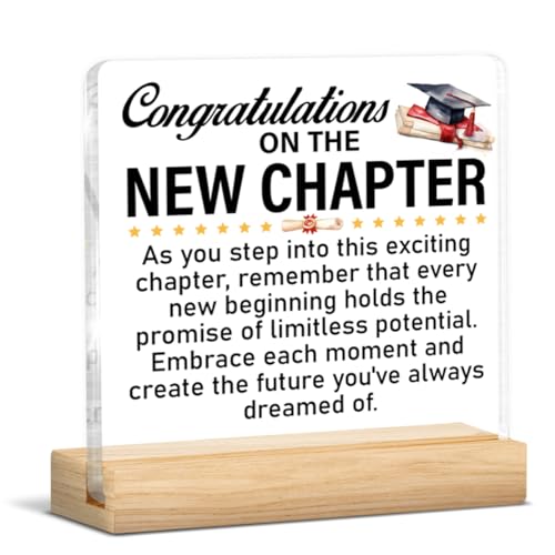 High School College Masters Degree Phd Graduation Gifts for Women Men | Congratulations on the New Chapter Acrylic Plaque Sign with Wooden Stand for Home Decor - color: Graduation-b