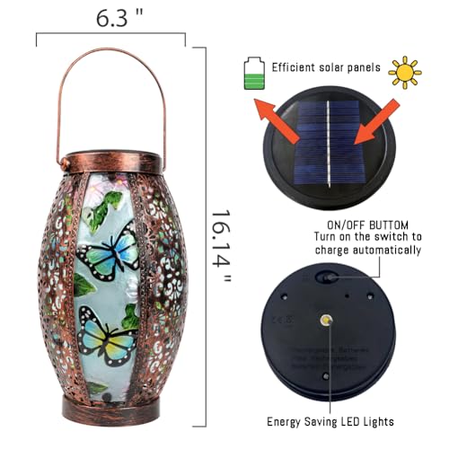 Hanging Solar Lantern Waterproof Garden Light Butterfly-New | Glass & Metal, Tabletop Light with Hollowed-Out Design for Garden Patio Table Decor, Gifts for Friends and Family - style: Butterfly-New