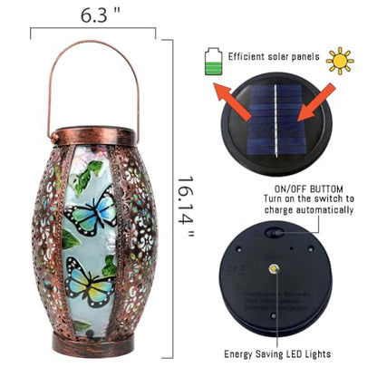 Hanging Solar Lantern Waterproof Garden Light Butterfly-New | Glass & Metal, Tabletop Light with Hollowed-Out Design for Garden Patio Table Decor, Gifts for Friends and Family - style: Butterfly-New