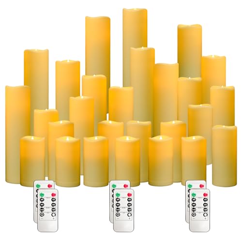 YIWER Plastic Waterproof Flameless Candles Set of 27: Battery Operated Candles Ivory Flickering Pillar Candles Include 4"/5"/6"/7"/8"/9" with 10-Key Remote 2/4/6/8H Timer Function - color: D2.2"-Waterproof, size: 27PCS
