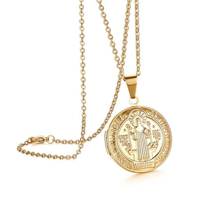 Bible Locket Cross Photo Necklace That Holds Pictures for Men Women | Stainless Steel Openable Keepsake Personalized Faith Gifts for Birthday Anniversary Christmas Memorial Day, 17.7 Inch Chain - color: gold-Saint Benedict