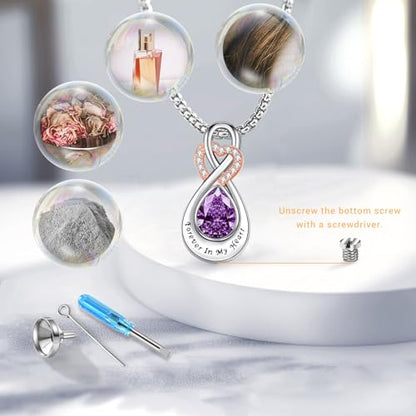 Infinity Urn Necklace for Ashes Sterling Silver Heart Moonstone Turquoise Birthstone Keepsake Memorial Cremation Jewelry for Women - style: Infinity A-02-Feb.-Amethyst