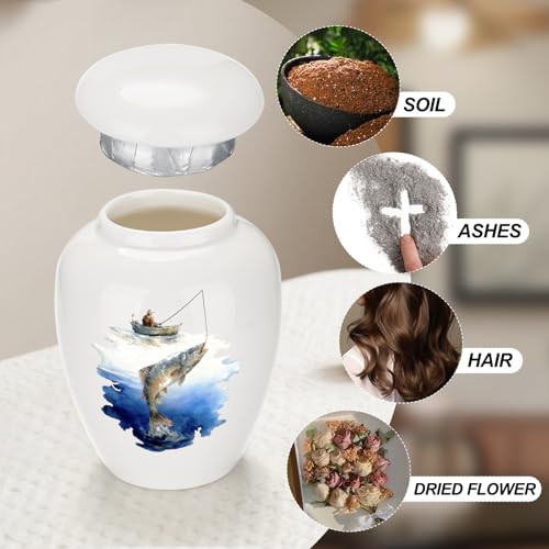 abooxiu Small Urns for Human Ashes Mini Urn for Ashes 2.8 Inch Ceramic Memorial Keepsake Urn Cremation Urn for Adult Female Male Women Men, Decorative Funeral Burial Urns, Fishing Scene