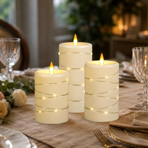 Upinmz Flickering Flameless Candles with String Lights, Battery Operated Candle, LED Pillar Fake Candle with Remote Control and Timer -3 Pack Ivory White - size: Ivory-Acrylic-3 Pack