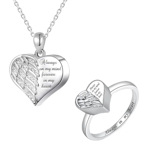 925 Sterling Silver Angel Wing Heart Cremation Urn Necklace Ring Set（#10）