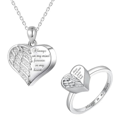 925 Sterling Silver Angel Wing Heart Cremation Urn Necklace Ring Set（#10）