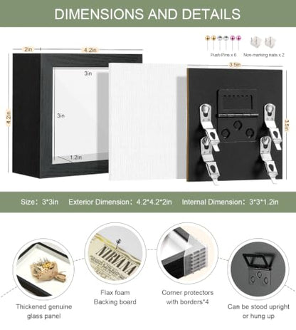 3x3 Mini Shadow Box Frame with Shatterproof Clear Glass & Push Pins - color: Black+foam Back+foam Packaging, size: 3x3