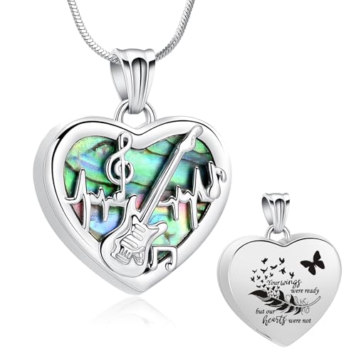 Minicremation Heart Guitar Cremation Pendant Necklace for Ashes Stainless Steel Music Guitar Pick Cremation Keepsake Memorial Urn Necklace - color: Silver&Butterfly