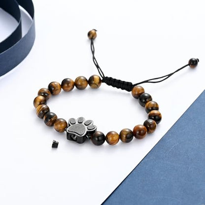 constantlife Cremation Bracelet for Ashes Stainless Steel Paw Print Urn Jewelry Braided Rope Adjustable Bangle Keepsake Pet Dog Cat Ash Holder Memorial Gift for Women Men - color: Tiger Stone-Black