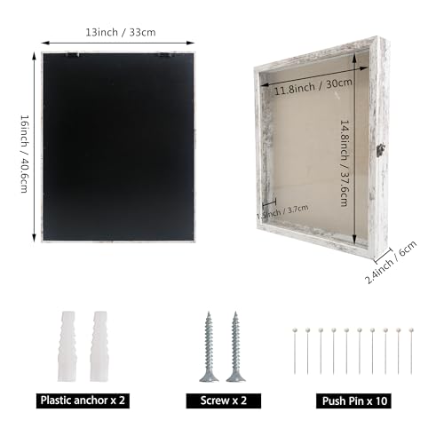 GraduatePro Shadow Box Frame 13X16 Display Case with Linen Back, Real Glass Window Door with Hinge, Picture Frame Wedding Bouquet Memorabilia Medals Photos Memory Box for Keepsakes Rustic White | Hinged Front Open Door with Tempered Glass, Linen Back with