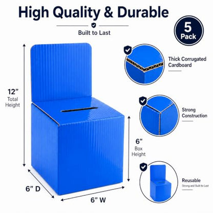 Raffle Ticket Donation Collection Ballot Box Reusable Sturdy thick Cardboard with Slot comment Suggestion Box With Removable Header 6H x 6W x 6D, Display area 6H x 6W (Blue 10 pack) - color: Blue