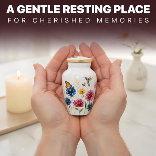 White Flower Keepsake Mini Urn for Human Ashes Adult Male & Female Funeral & Cremation Small Urn for Human Ashes Keepsake & 1 Ash Necklace for Men & Women - color: White Flower Mini Keepsake