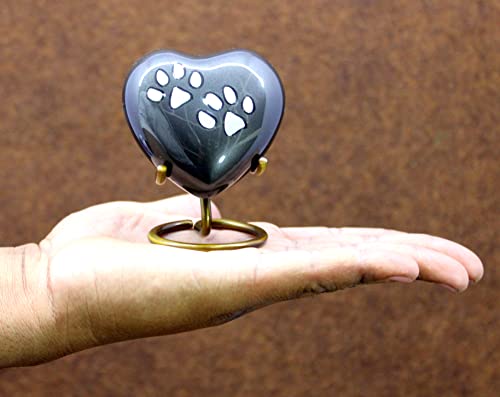 eSplanade Brass Mini Cremation Urn Heart-Shaped Keepsake Memorial Jar Pot Container | Small Urn for Funeral Ashes Burial | Paws Engraved Metal Keepsake with Stand | Black - 2.75" Inches