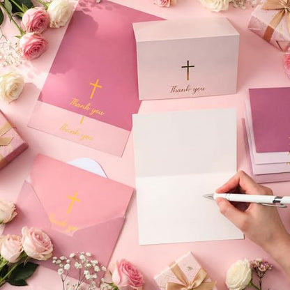 Resurhang 30 Pack Baptism Thank You Cards with Envelope and Stickers 4 x 6 Inch Gold Foil Embossed Cross Blank Inside Cards Bulk for Baptism Funeral Baby Shower Party Supplies(Pink) - color: Pink