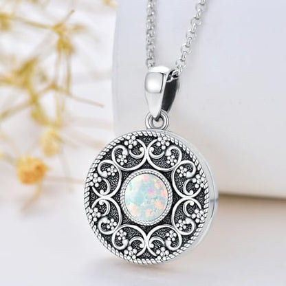 Round Locket Necklace 925 Sterling Silver Filigree/Flower Locket Necklace That Holds Pictures Birthday Christmas Jewelry Gifts for Women - color: 04-White Opal Locket
